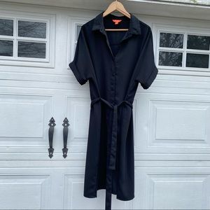 Tie waist button up shirt dress with collar & kimono style short rolled sleeves